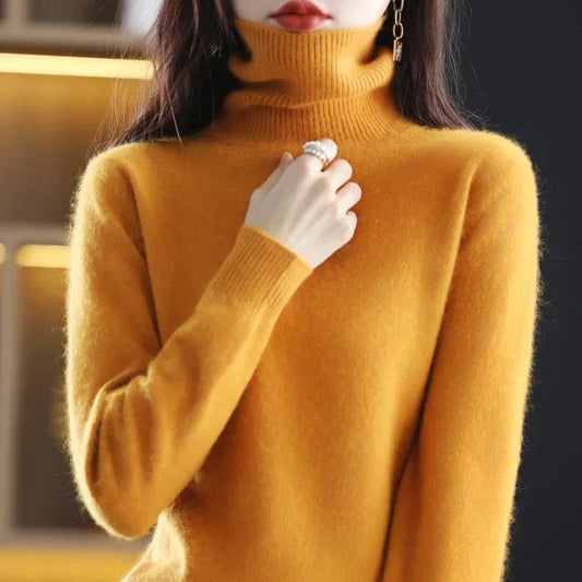 Women's Fitted Turtleneck Cashmere Fall Sweater with Ribbed Cuffs