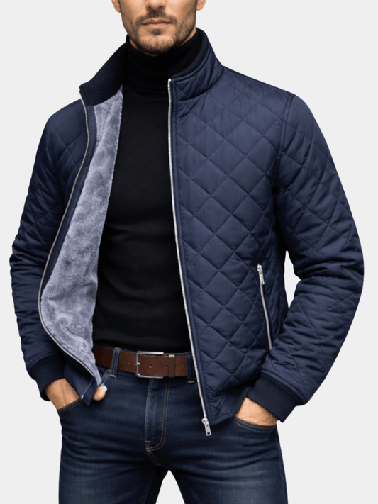 Diamond-Quilted High-Collar Winter Jacket for Men with Faux Fur Lining
