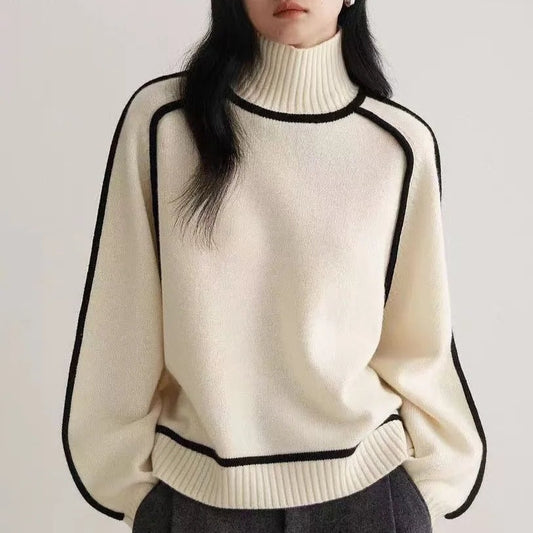 Solène Women's High-Neck Knitted Sweater with Contrast Trim