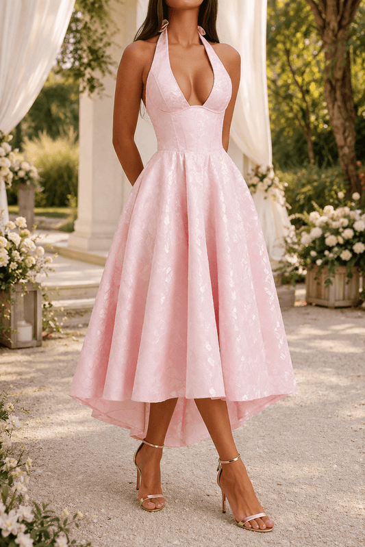 Women's Halter Neck Jacquard Midi Dress with Textured Pattern for Fall