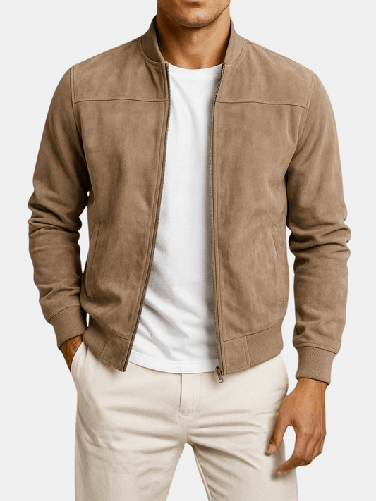 Men's Suede-Textured Bomber Jacket with Ribbed Trim
