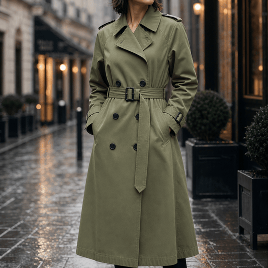 Mayfield Double-Breasted Long Trench Coat with Adjustable Waist Belt