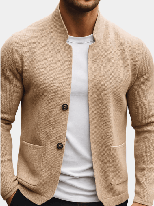 Men's Structured Knit Cardigan Sweater with Mandarin Collar