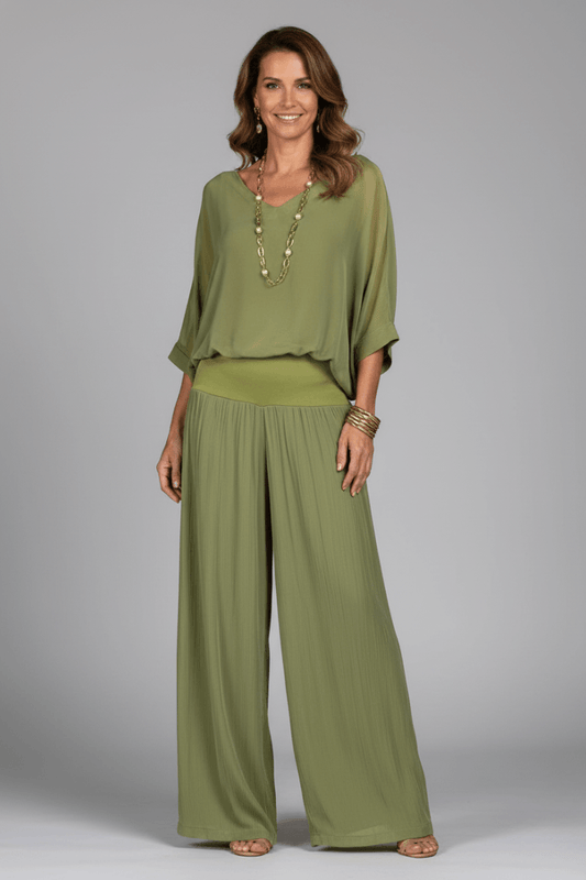 Draped Blouson Top and Wide-Leg Trouser Two-Piece Set