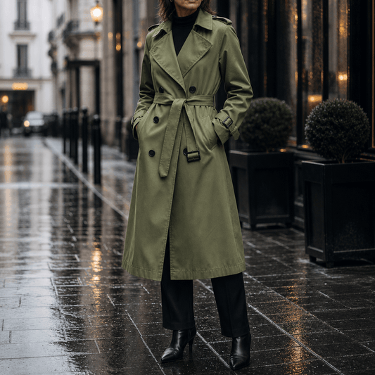 Mayfield Double-Breasted Long Trench Coat with Belted Waist