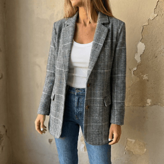 Ellara Relaxed Plaid Lapel Women's Tailored Blazer with Single-Button Closure