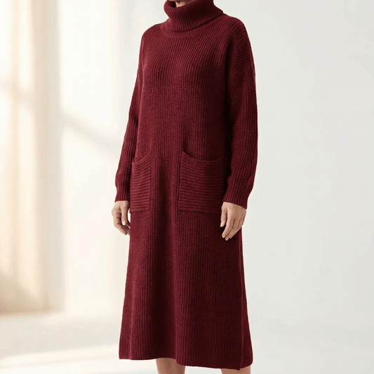 Velara Women's Relaxed Turtleneck Knit Sweater Dress with Pockets