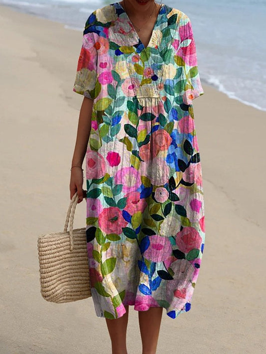 Floral V-Neck Midi Dress with Flowy Short Sleeves for Fall