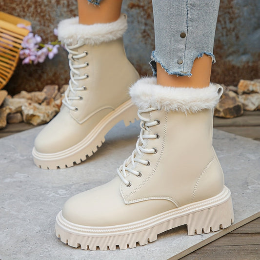 Faux Leather Lace-Up Winter Boots for Women with Faux Fur Trim and Lug Sole
