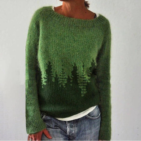 Maude Forest-Print Knitted Christmas Sweater for Women with Crew Neck