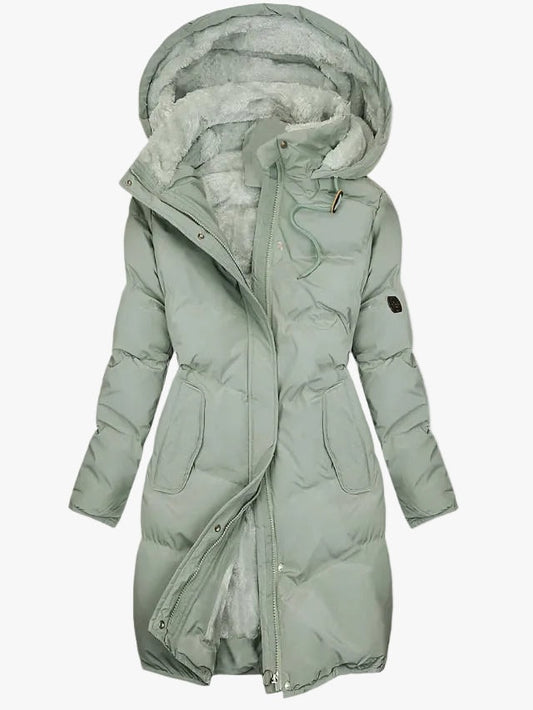 Long Quilted Puffer Jacket with Faux Fur Hood and Zip Placket