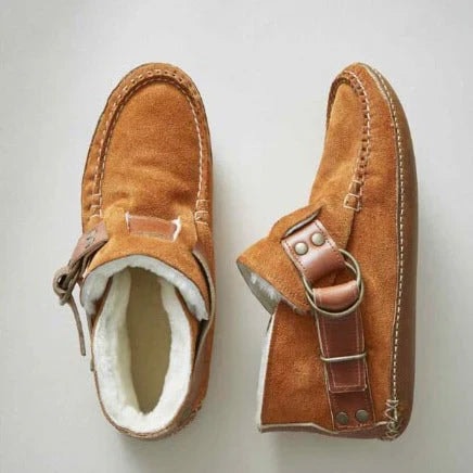 Sherpa-Lined Suede Ankle Boots for Women with Buckle Strap Detail