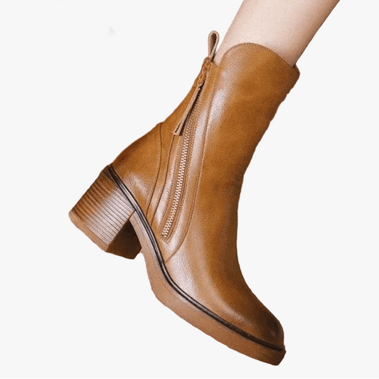 Women's Synthetic Leather Ankle Boots with Side Zipper and Block Heel