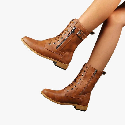 Women's Faux Leather Ankle Boots with Lace-Up and Side Zipper Detail