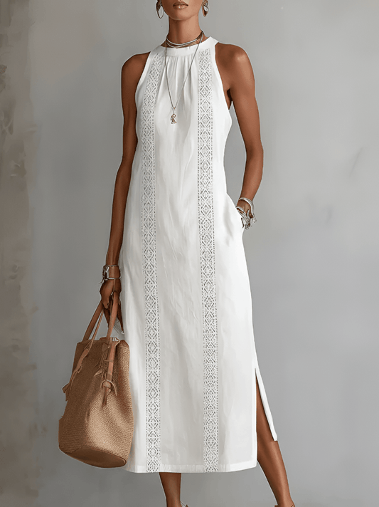 Women's Sleeveless Lace Panel Midi Fall Dress in Cotton-Linen Blend