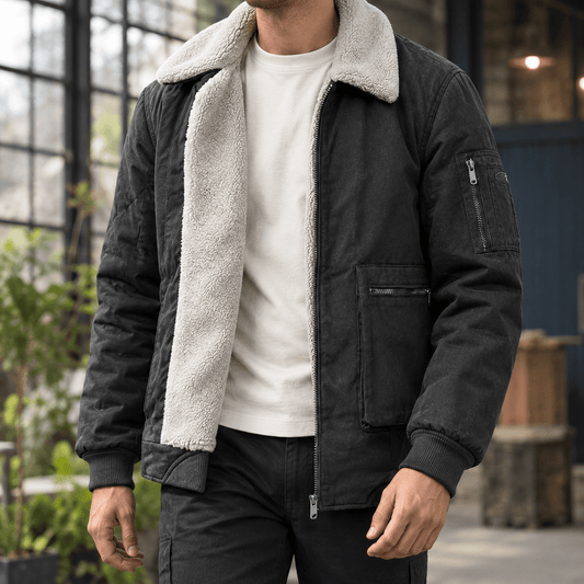 Men's Sherpa-Lined Cotton Bomber Jacket with Full Zip