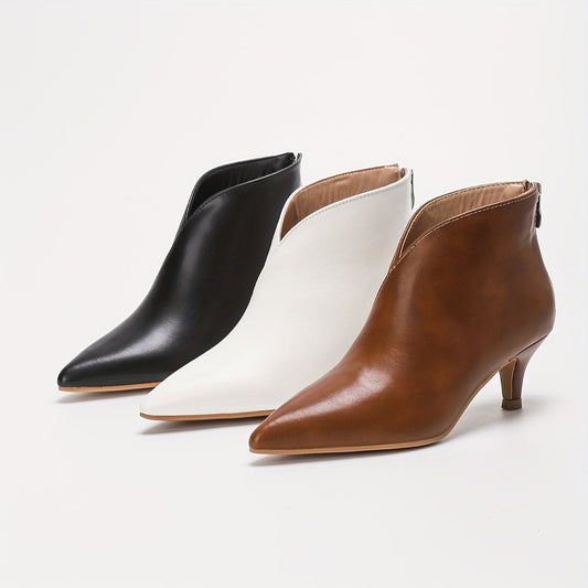 Women's Pointed-Toe Faux Leather Ankle Boots with Kitten Heel and Back Zipper