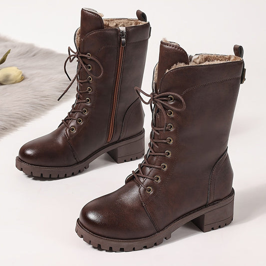 Women's Fur-Lined Faux Leather Winter Boots with Lace-Up Front and Side Zipper