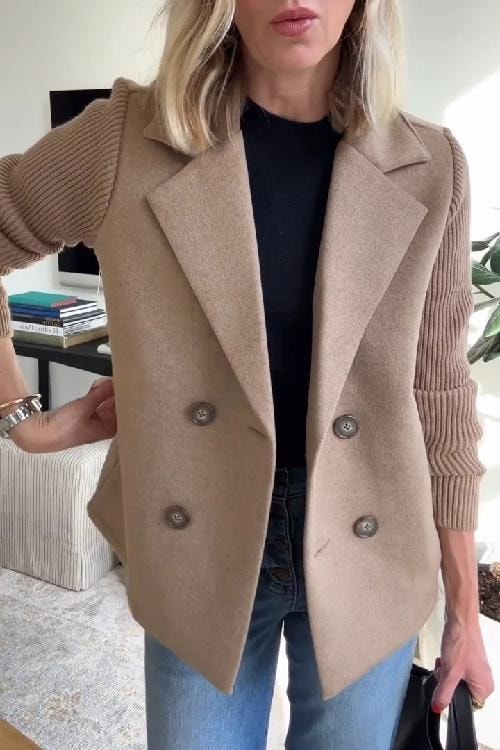 Women's Double-Breasted Tailored Blazer with Knit Sleeves