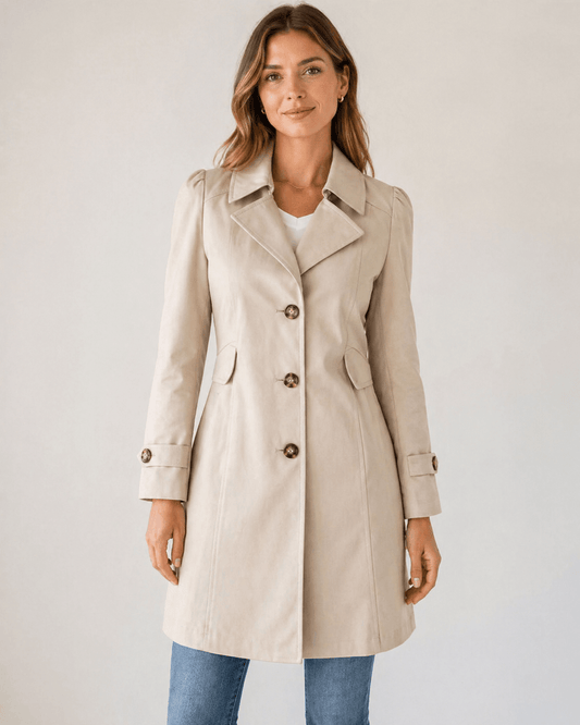 Women's Buttoned Short Trench-Style Coat with Tailored Waist
