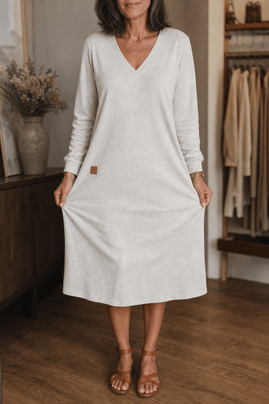 Curvella A-Line V-Neck Knit Sweater Dress for Women in Midi Length