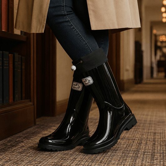 Caffaro Women's Knee-High Rubber Rain Boots with Drawstring Cuffs