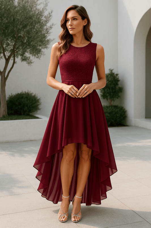 Women's High Low Lace Bodice Chiffon Evening Gown for Fall Wedding Guest Parties