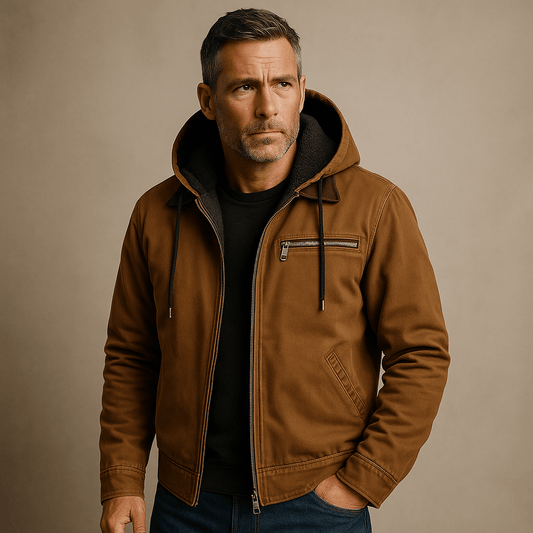 Hooded Canvas Men's Jacket with Fleece Lining and Suede Trim