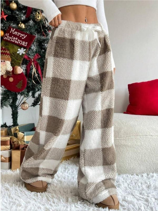 Amber Plaid Fleece Wide-Leg Lounge Pants for Cold Weather