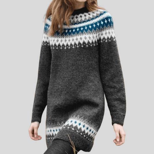 Women's Nordic Fair Isle Knitted Sweater Dress with Crew Neck