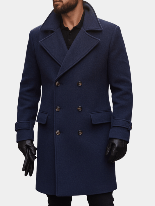 Double-Breasted Wool Blend Overcoat with Wide Notched Lapels