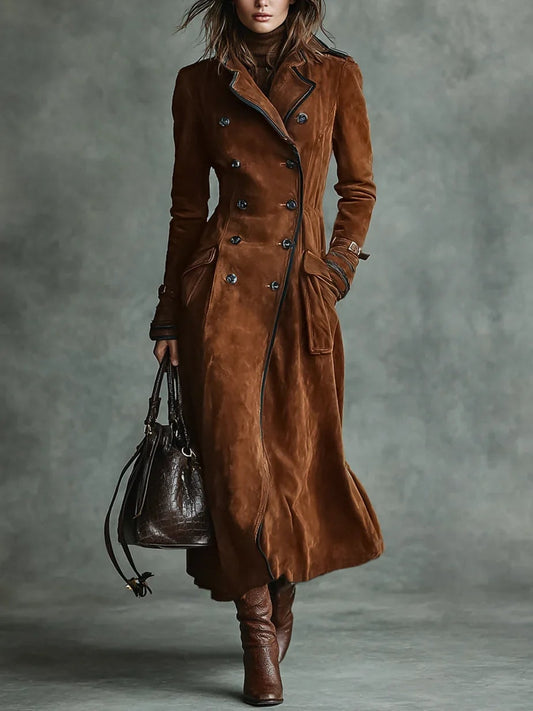 Ragnhild Double-Breasted Suede Pea Coat with Notch Lapel for Women